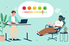 Illustration of two employees doing work, one standing by a desk and the other lying down on a chair with a happiness scale in a thought bubble