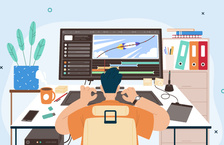 Illustration of a man sitting in front of a desktop and working on an animation of a rocket ship