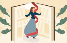 Illustration of a woman twirling between an enlarge book that is open in half