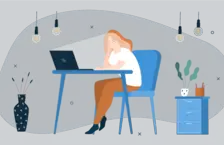 Illustration of a woman in front of her laptop looking tired