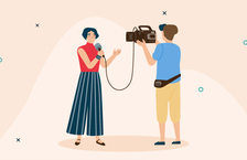 Illustration of a female reporter and a cameraman filming a news story