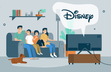 Illustration of a family of four sitting together on a couch and watching a TV with a speech bubble over that says 'Disney'