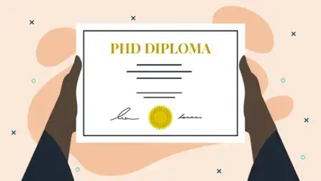 Hands holding a PhD doctorate certificate