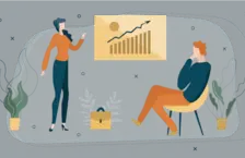 Illustration of a woman explaining a chart to a sitting man
