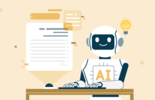 AI robot sitting at a desk writing a resume
